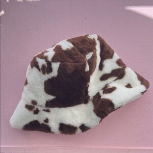 Adult Faux Fur Cow Print Bucket Hat - Brown & White